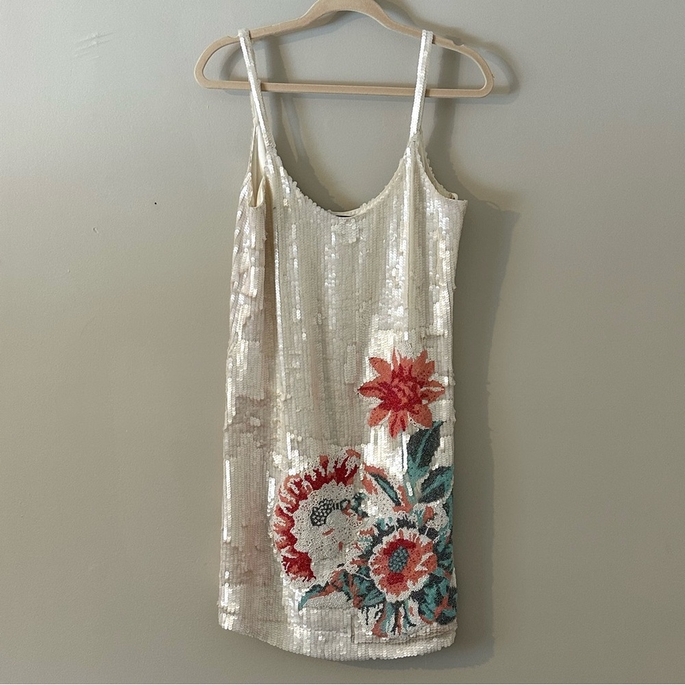 Parker Black Sequin Floral Slip Dress Ivory Beaded Size 4